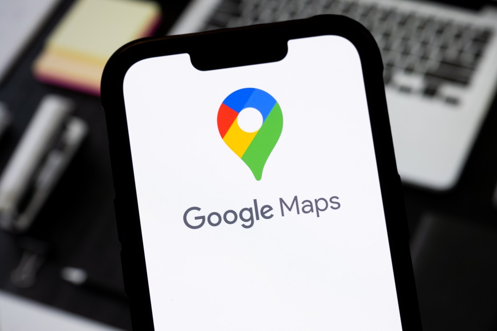In this photo illustration, a Google Maps logo is seen displayed on a smartphone.