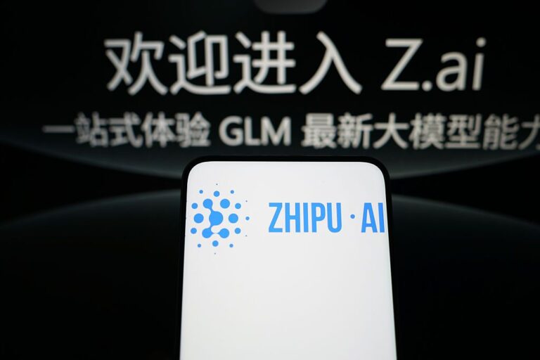 The logo of the Chinese artificial intelligence startup Zhipu AI is displayed on a smartphone with the home page in background.