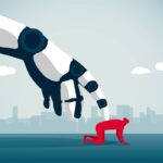 illustration of large robot hand holding down a person