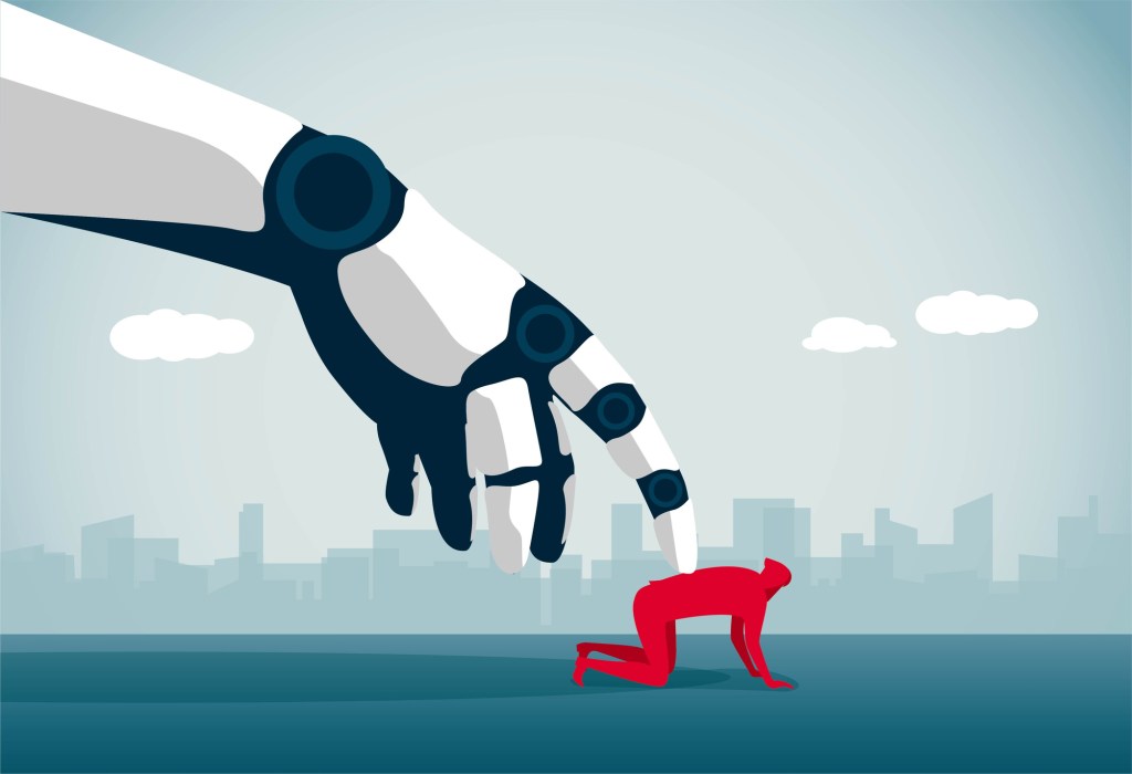 illustration of large robot hand holding down a person