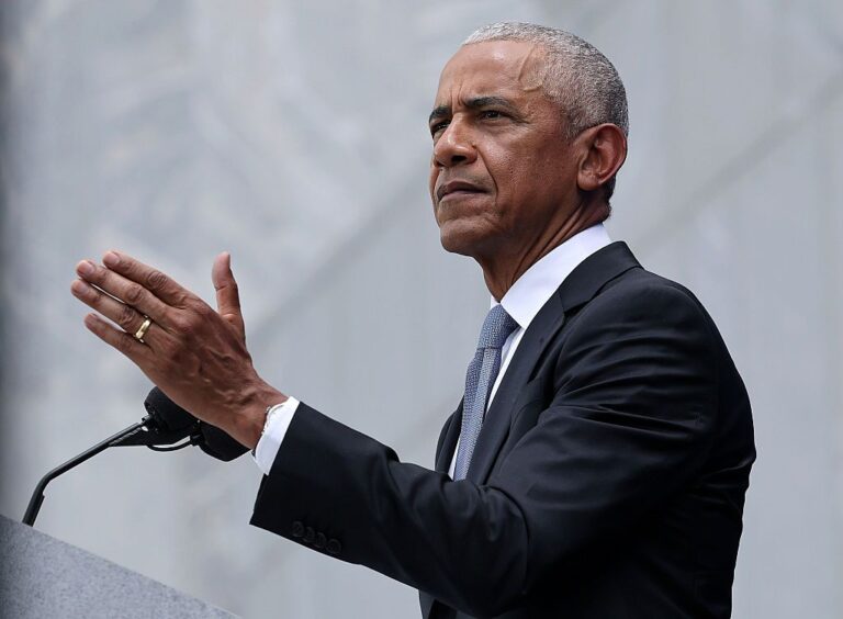 Former U.S. President Barack Obama speaks during the dedication ceremony for the opening of the Barack Obama Presidential Center in John Lewis Plaza on June 18, 2026 in Chicago, Illinois.