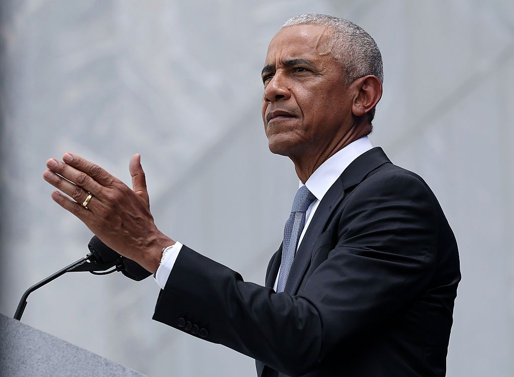 Former U.S. President Barack Obama speaks during the dedication ceremony for the opening of the Barack Obama Presidential Center in John Lewis Plaza on June 18, 2026 in Chicago, Illinois.