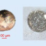 Incident light image (left) of the hiroshimaite sample containing Fe–Cr-alloys. Reflected light image (right) of the polished surface of the grain on the left.