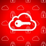 An illustration of a key over a cloud icon, background of cloud and lock icons.