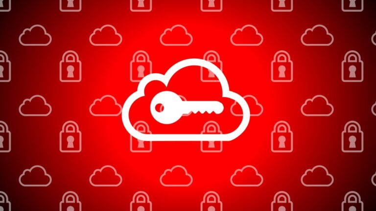 An illustration of a key over a cloud icon, background of cloud and lock icons.