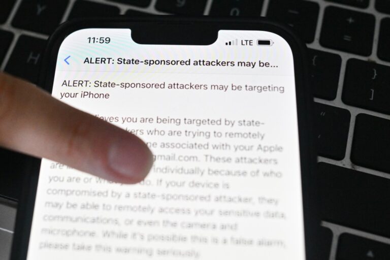 A Polish journalist iPhone displays an Apple alert saying "state sponsored attackers may be targeting your iPhone" on March 07, 2024 in Warsaw, Poland.
