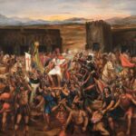 An oil painting depicting the capture of Atahualpa, whose predecessor was likely killed by smallpox introduced by the Spanish.