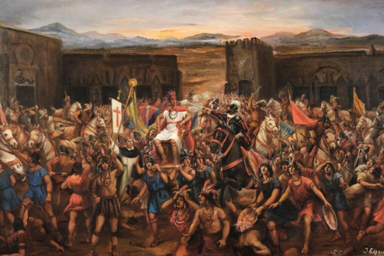 An oil painting depicting the capture of Atahualpa, whose predecessor was likely killed by smallpox introduced by the Spanish.