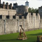 Two full-sized replica siege engines at the Tower of London, akin to the trebuchets used by King Edward I of England during the siege of Stirling Castle over 700 years ago.