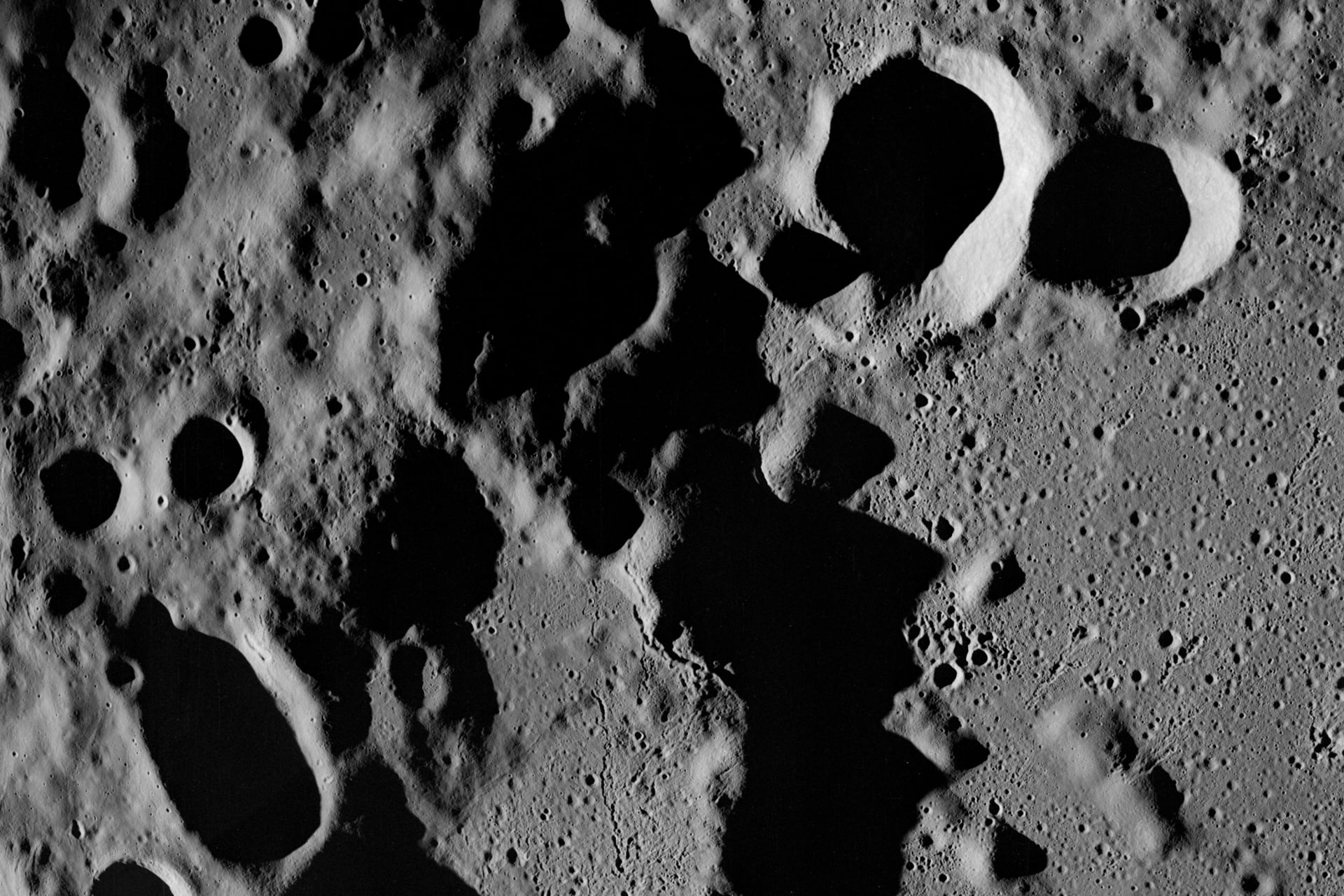 Near vertical view of the lunar far side as photographed from the Apollo 8 spacecraft.
