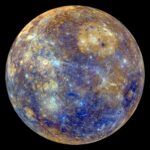 An enhanced image of Mercury by NASA's MESSENGER spacecraft. The false colors highlight the chemical, mineralogical, and physical differences between the rocks that make up Mercury's surface.