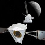 An illustration of the Mercury Transfer Module separating from the BepiColombo Mercury Planetary Orbiter (MPO) and Mercury Magnetospheric Orbiter (MMO) composite spacecraft.