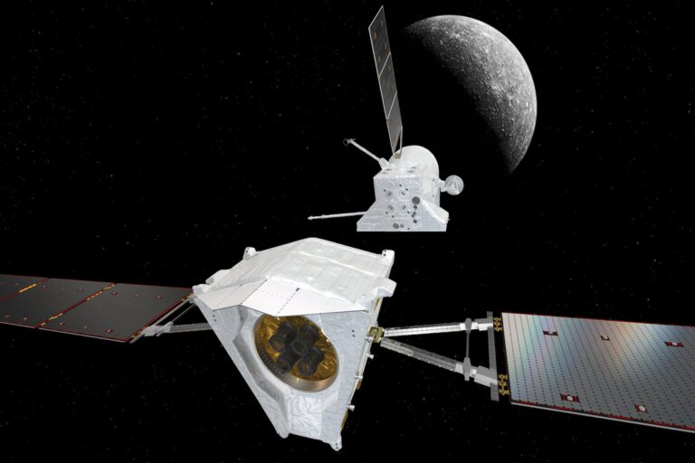An illustration of the Mercury Transfer Module separating from the BepiColombo Mercury Planetary Orbiter (MPO) and Mercury Magnetospheric Orbiter (MMO) composite spacecraft.