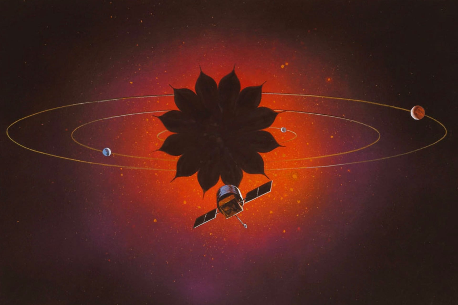 Starshade concept art depicting how the proposed orbital tool would block distant starlight, thus enabling direct exoplanet detection via visible light.