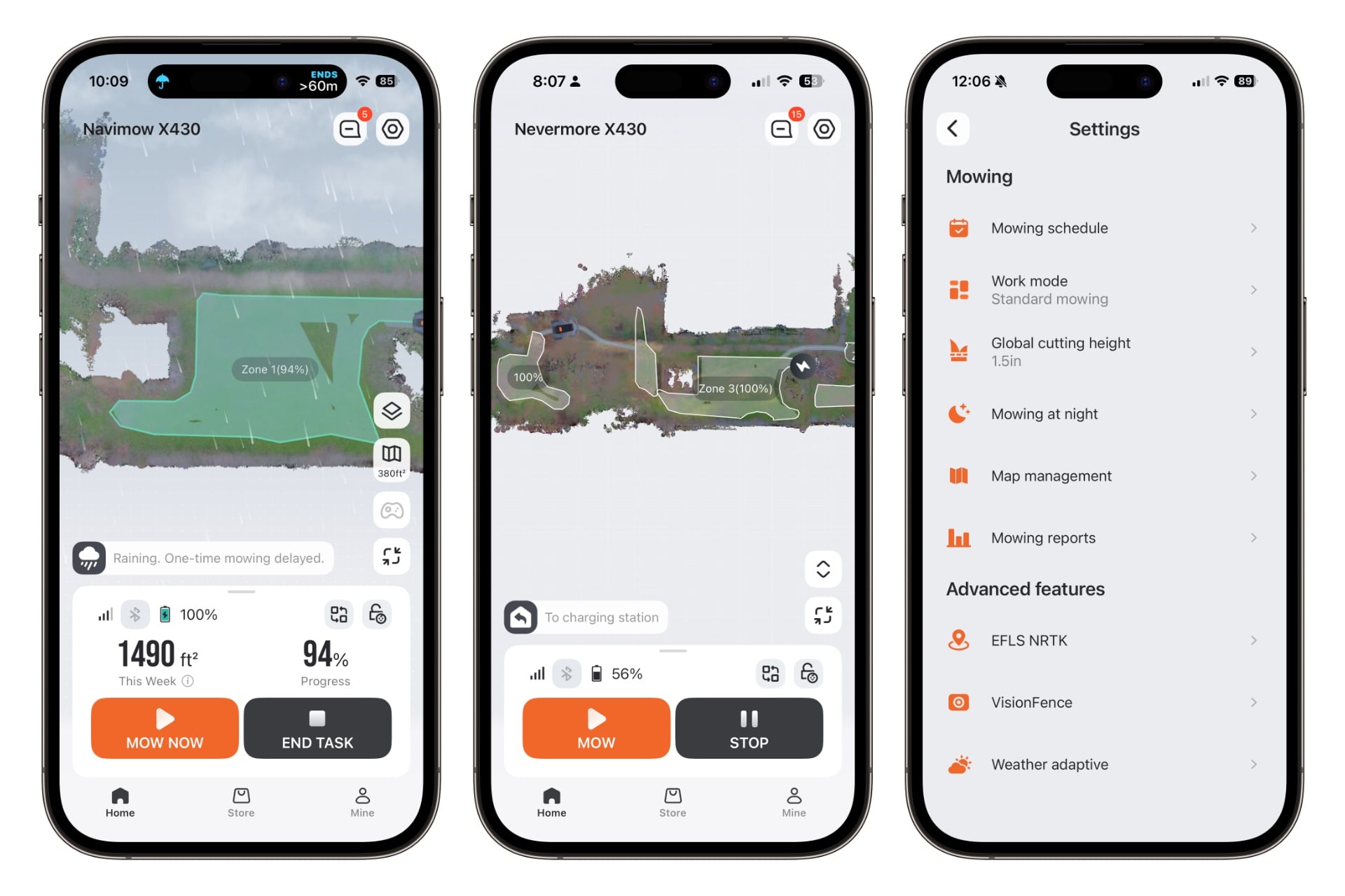 navimow-app-1-1 Three screenshots of the Navimow app.