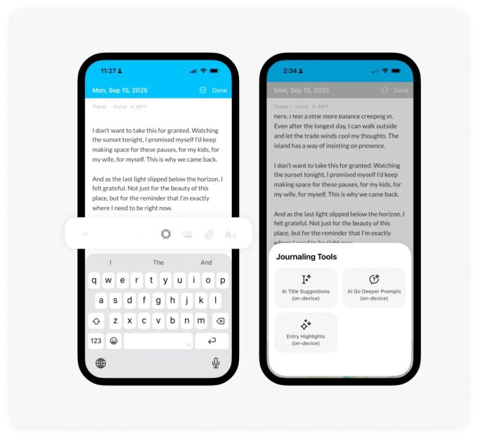 on-device-ai-scaled-1 A screenshot showing Day One journaling app's features implemented using Apple's local model. These features include a summary, title suggestion, and prompt generation to go deeper into writing.