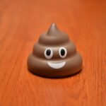 Brown poop emoji toy on a table.