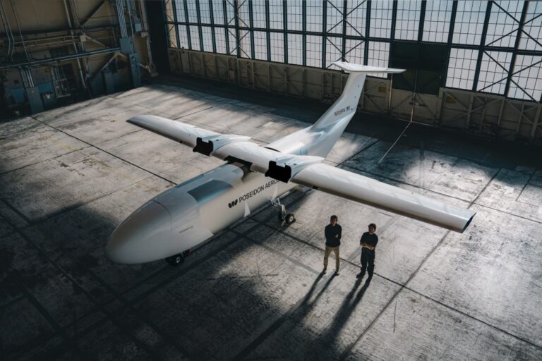 Poseidon Aero's Egret parked in a hangar