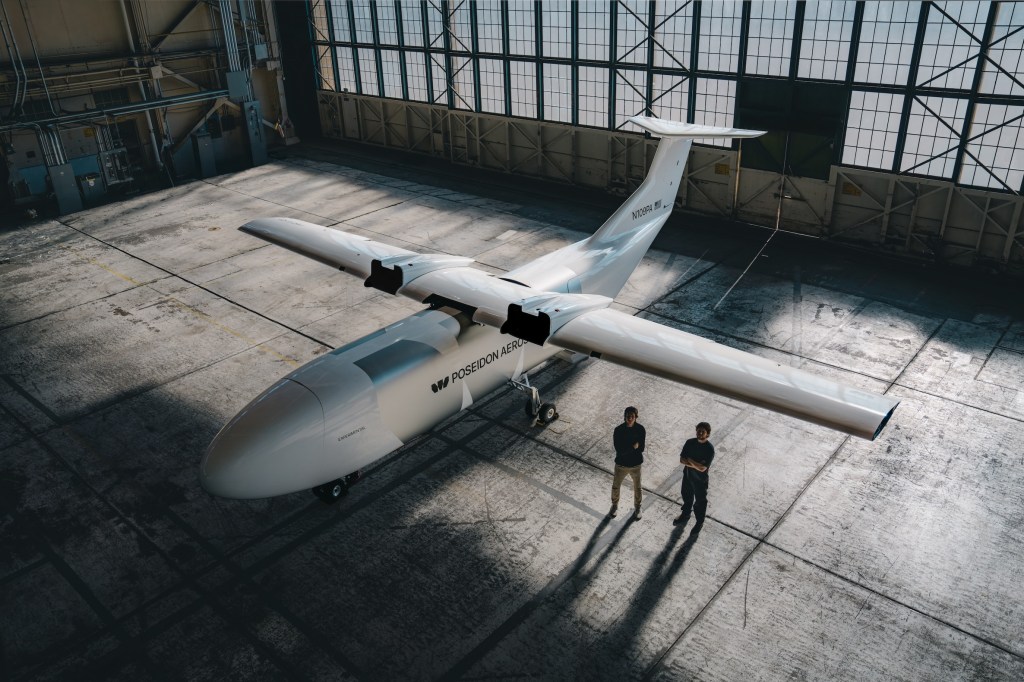 Poseidon Aero's Egret parked in a hangar