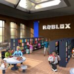 Roblox avatars in a library room in front of the company logo.