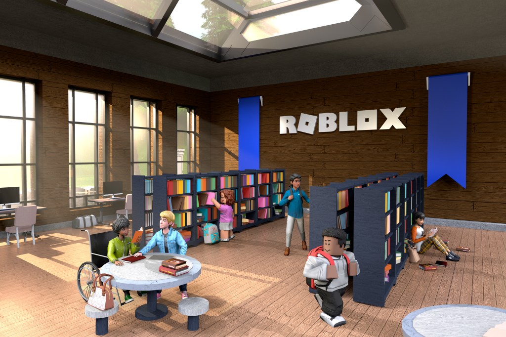 Roblox avatars in a library room in front of the company logo.