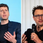 A split screen of OpenAI's CEO Sam Altman and Anthropic's CEO Dario Amodei.