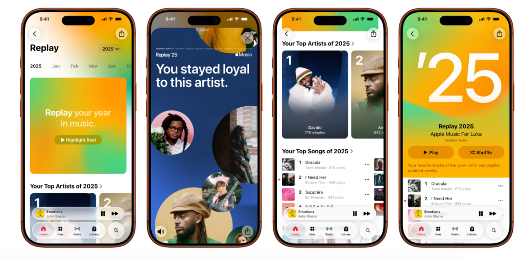 Apple Music Replay displayed on 4 smartphones