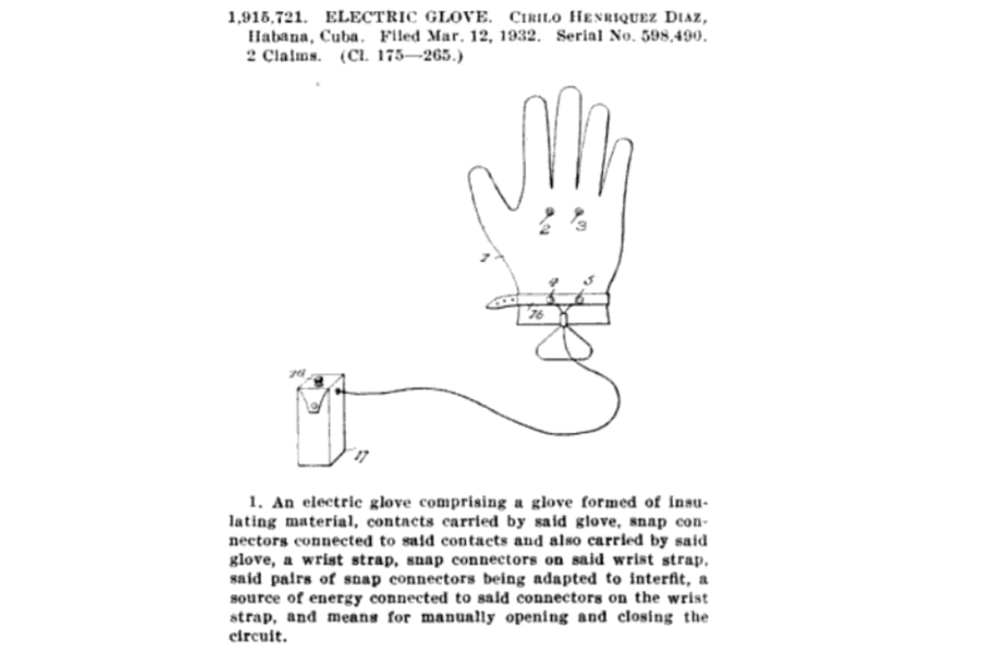 shock-glove-patent-1 Patent for an electric glove in 1933.