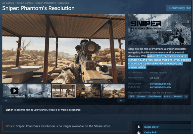 A screenshot of the video game Sniper: Phantom's Resolution, suspected of being malware.