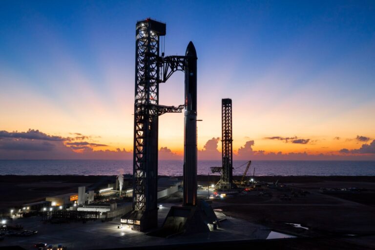 Starship fully stacked on the launch pad at Starbase on September 23, 2026, ahead of Flight 14