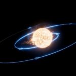 An artist’s impression of a star engulfing a planet. The blue line traces the path of the planet as it spirals toward the star and ultimately collides with it.