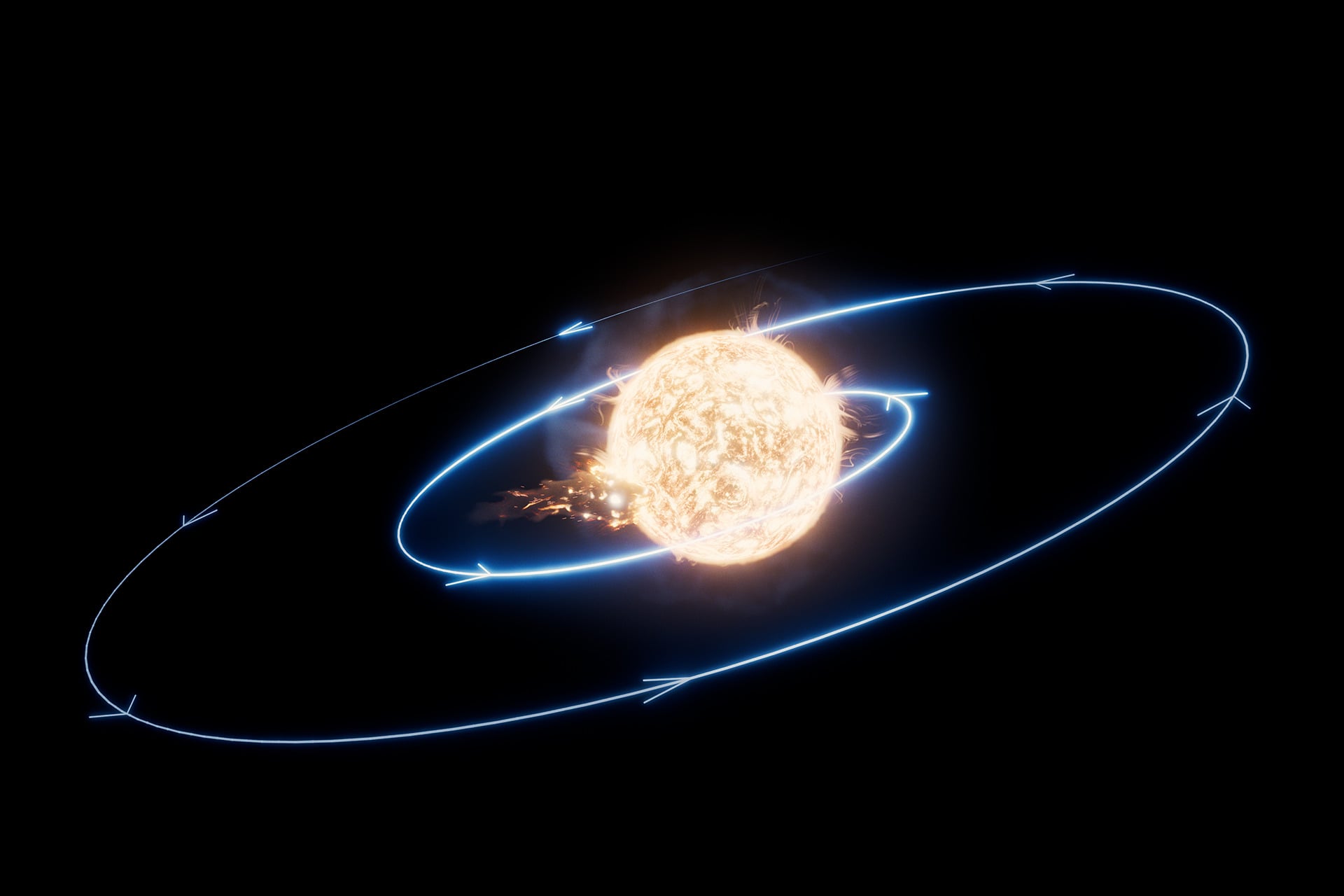 An artist’s impression of a star engulfing a planet. The blue line traces the path of the planet as it spirals toward the star and ultimately collides with it.