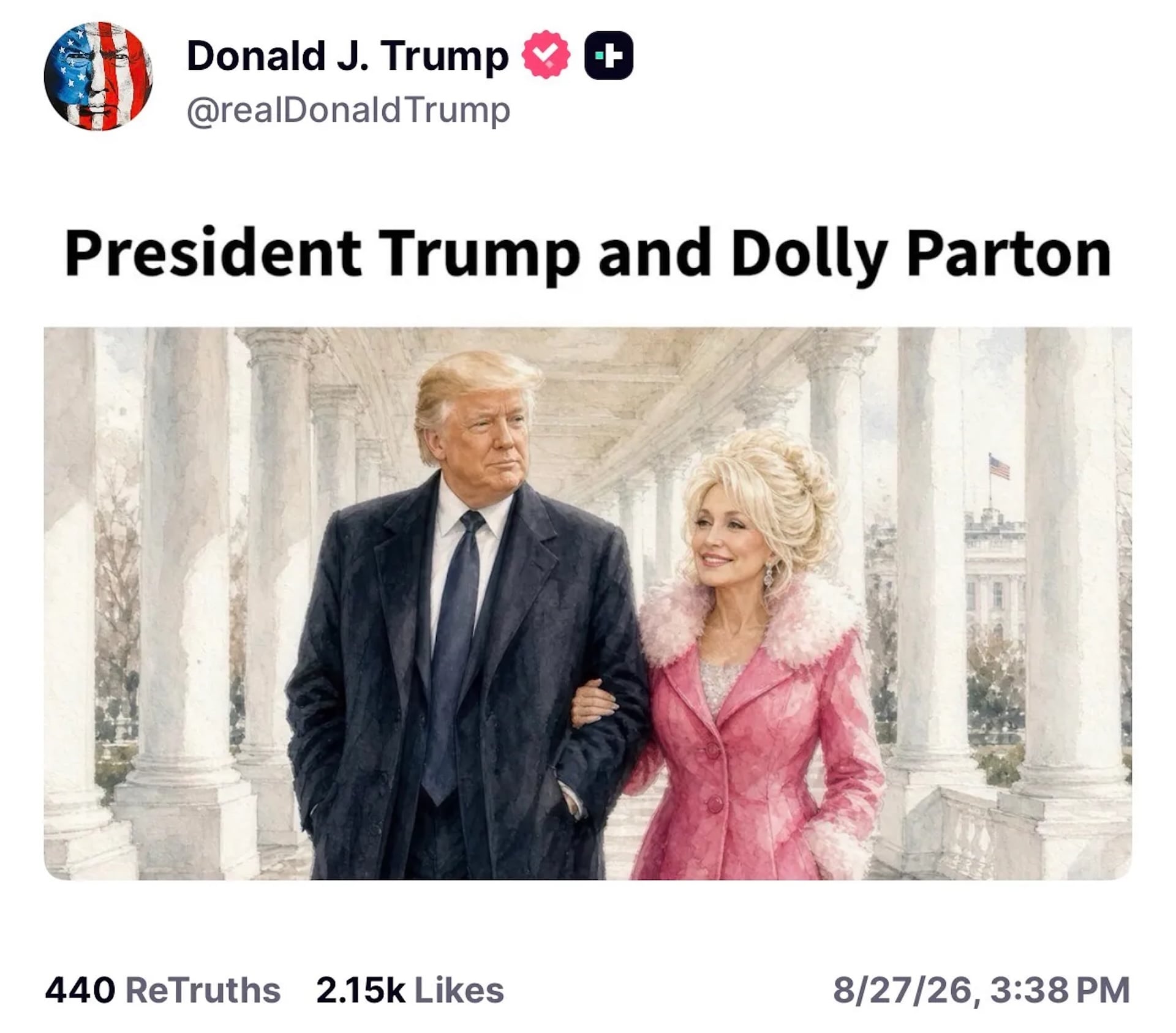 trump-dolly-parton-1-1 An AI image posted by President Donald Trump's Truth Social account on Aug. 27, 2026 showing himself with Dolly Parton. © Donald Trump / Truth Social