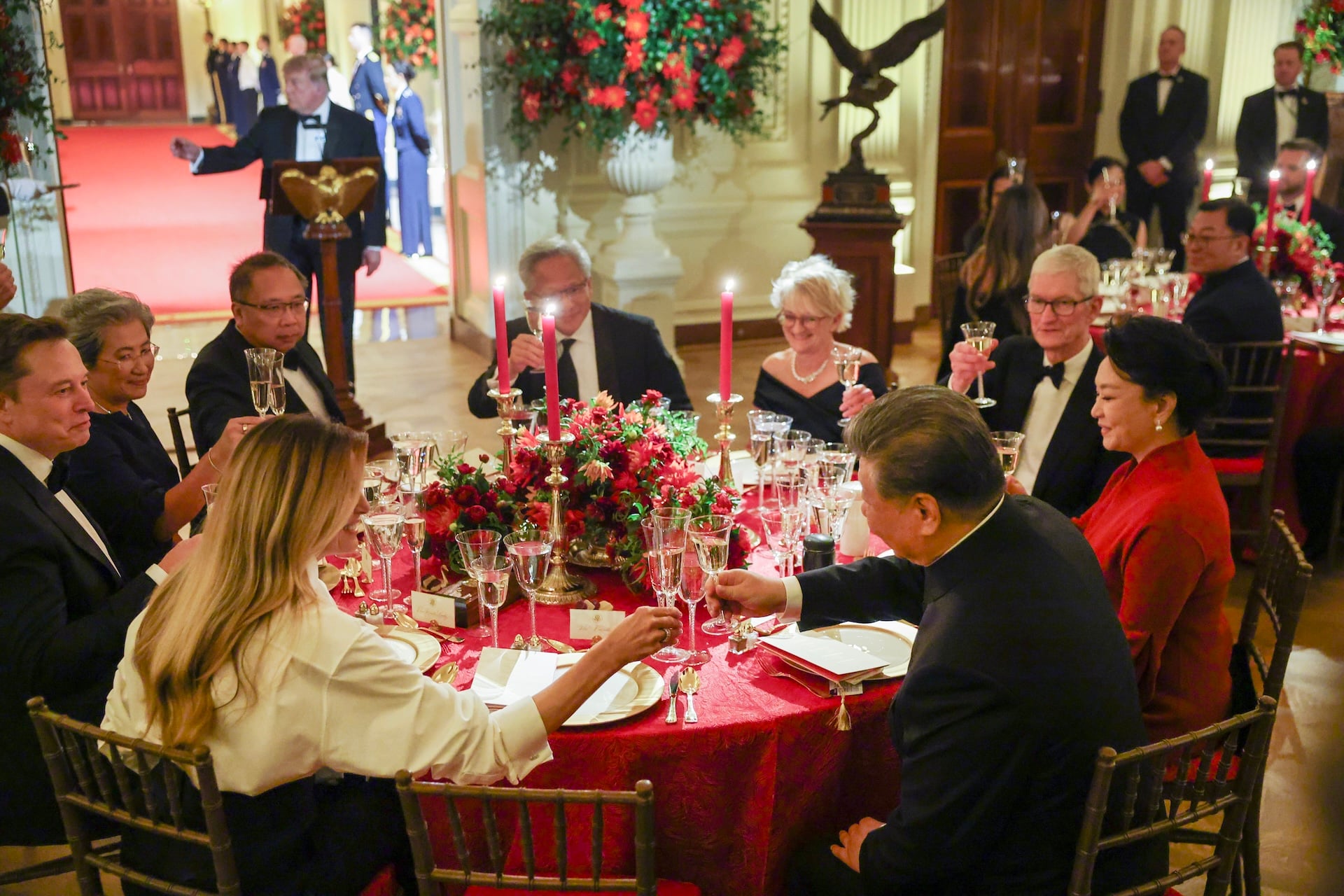 trump-xi-dinner-musk-silverware-fork-utensils-1 President of China Xi Jinping clinks glasses with U.S. first lady Melania Trump as U.S. President Donald Trump speaks during a state dinner in the East Room of the White House on September 24, 2026 in Washington, DC.