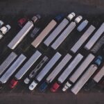 overhead shot of parked semi trucks