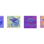 Left to right: The UCSD Triton logo is visible at a 40% humidity level; the UCSD library logo begins to appear and overlap the Triton logo at a 60% humidity level; the UCSD library logo is solely visible at an 85% humidity level; and both images are overlapped at a 95% humidity level.