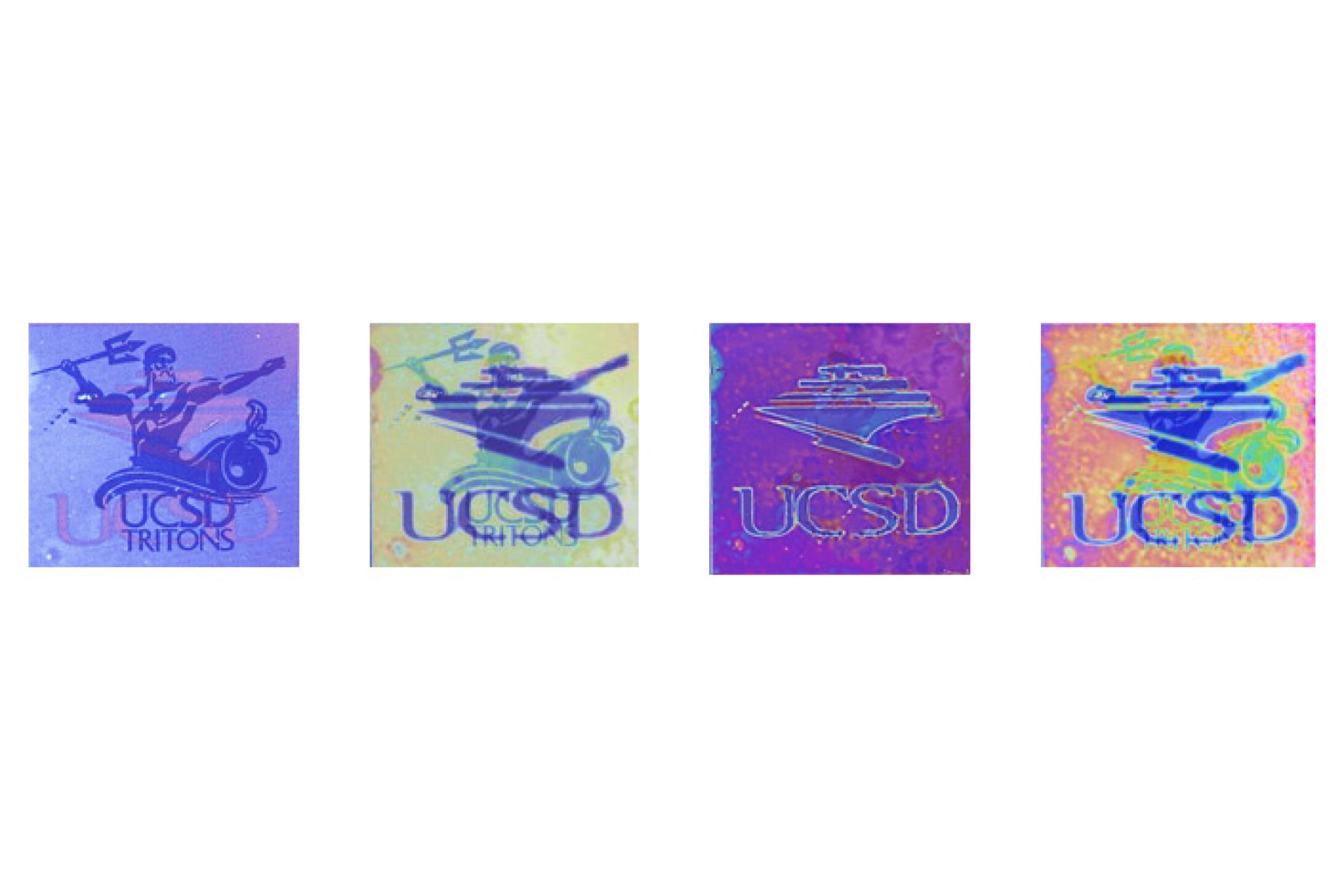 Left to right: The UCSD Triton logo is visible at a 40% humidity level; the UCSD library logo begins to appear and overlap the Triton logo at a 60% humidity level; the UCSD library logo is solely visible at an 85% humidity level; and both images are overlapped at a 95% humidity level.