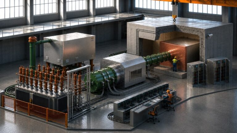 An illustration shows scientists at work on a fusion power device.