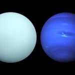 A collage of Uranus (left) and Neptune (right). Both images were taken by Voyager 2 in the 1980s.