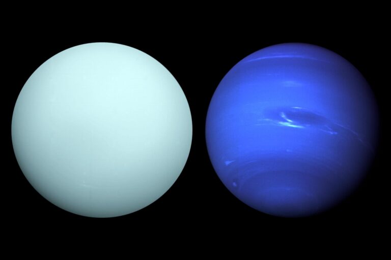 A collage of Uranus (left) and Neptune (right). Both images were taken by Voyager 2 in the 1980s.