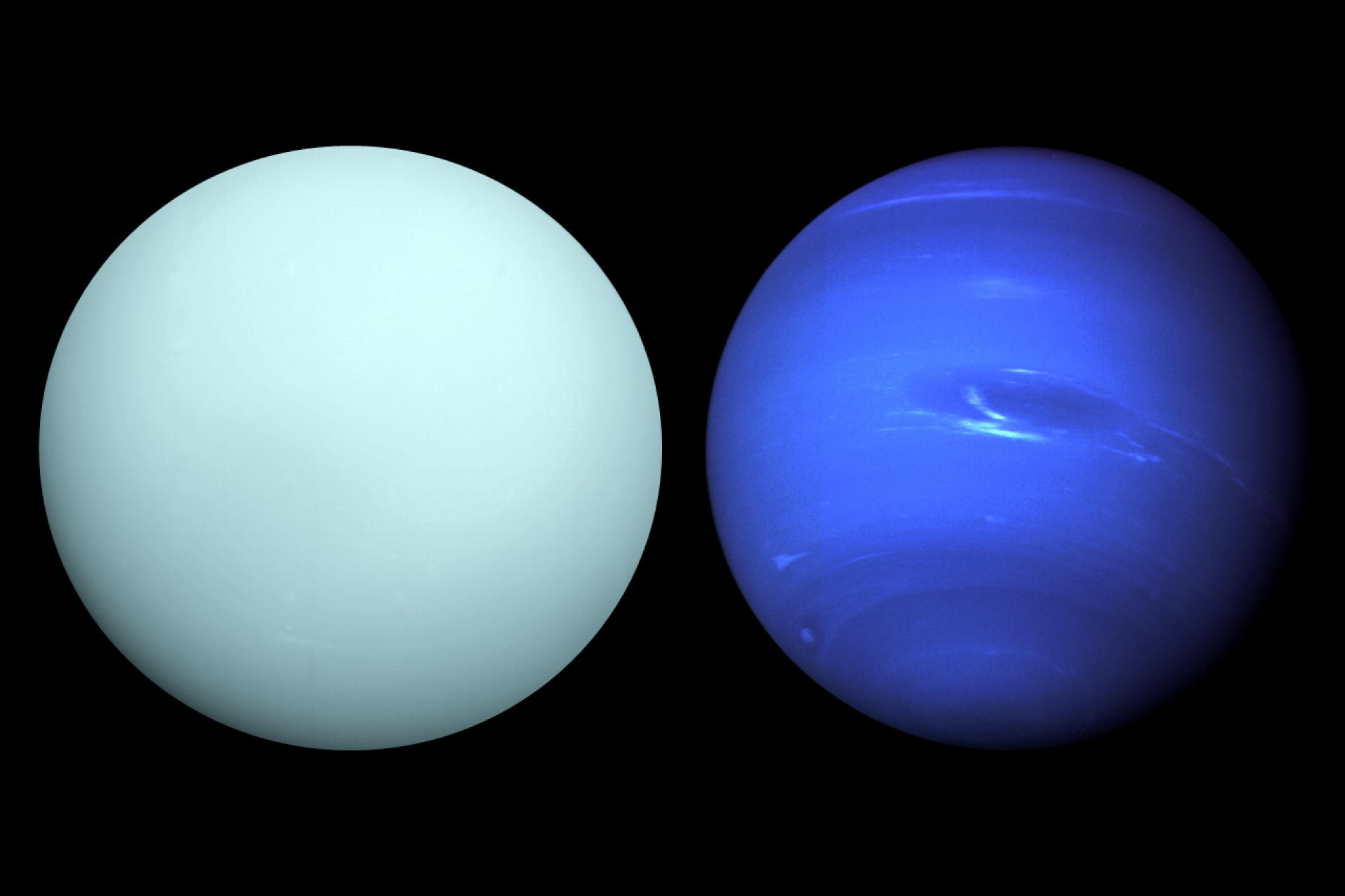A collage of Uranus (left) and Neptune (right). Both images were taken by Voyager 2 in the 1980s.