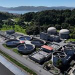 In an aerial view, pools of water are visible at Central Marin Sanitation Agency wastewater treatment plant in San Rafael, California.