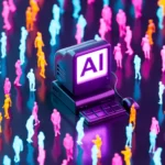 A digitally generated image featuring an old-style computer monitor displaying the letters “AI” with neon business crowd.