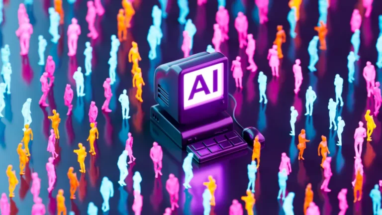 A digitally generated image featuring an old-style computer monitor displaying the letters “AI” with neon business crowd.