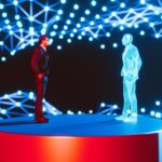 Man standing on a red platform, facing a holographic digital twin of himself. The background features a network of interconnected blue lights, creating a futuristic and high-tech atmosphere. The scene represents concepts of digital twins, virtual reality, and advanced technology.