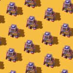 Pattern of retro tin toy robots with clocks and displays painted on yellow background.
