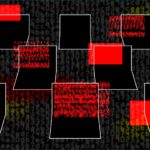 a series of illustrated laptops featuring red, glitchy and matrix-like text symbolizing malware