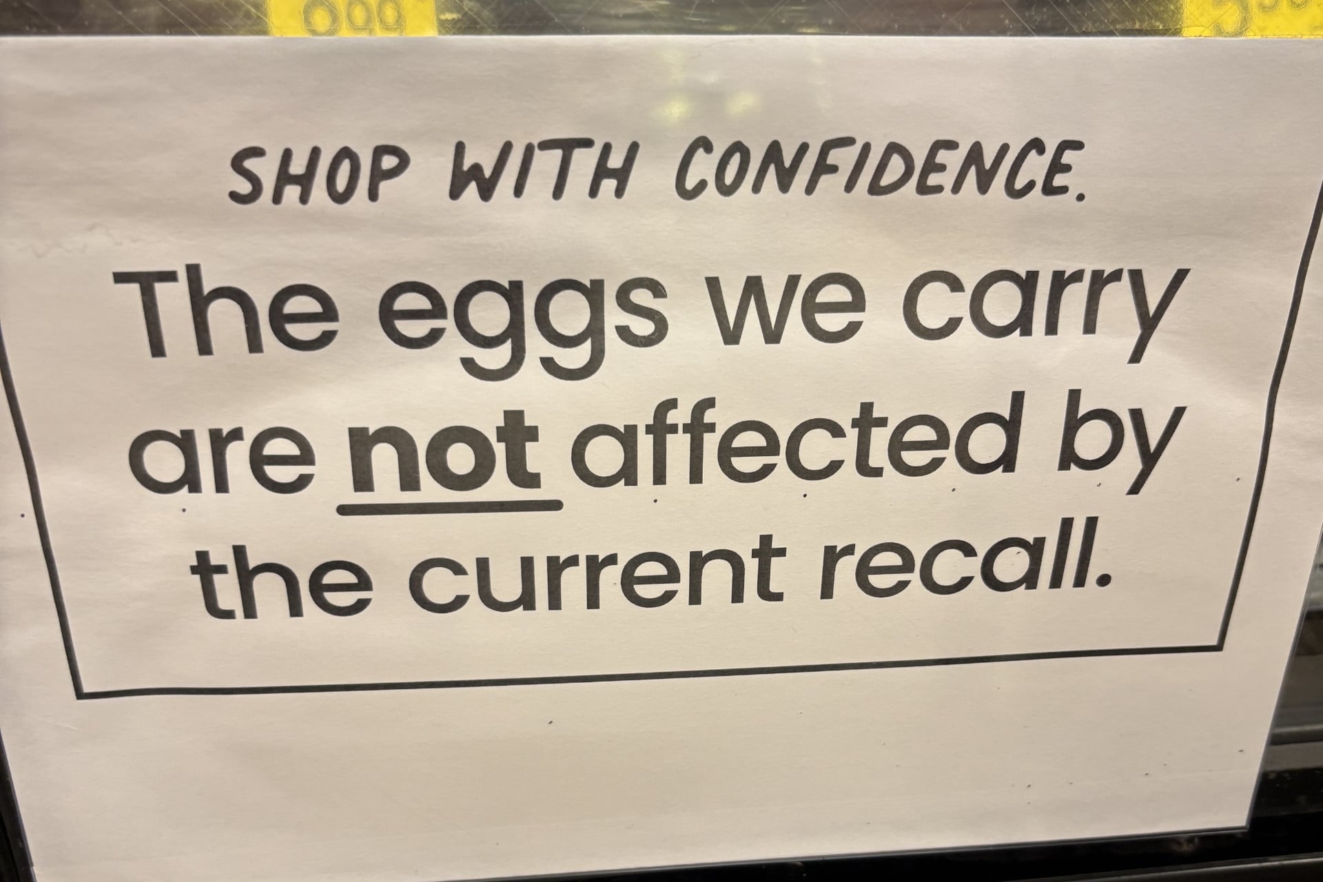 eggs-not-recalled Sign in a supermarket in San Diego, California, advertising that the eggs in that store have not been recalled, on Oct. 12, 2026.