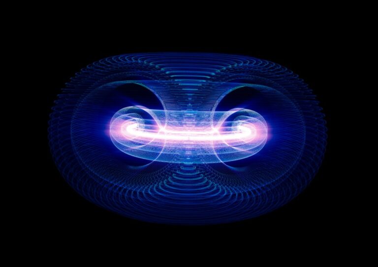 Illustration of plasma particles inside a tokamak fusion reactor.