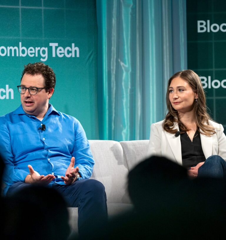 Dario Amodei, co-founder and chief executive officer of Anthropic, left, and Daniela Amodei, co-founder and president of Anthropic, during the Bloomberg Technology Summit in San Francisco, California, US, on Thursday, May 9, 2024. Bloomberg Tech is a future-focused gathering that aims to spark the conversations around cutting-edge technologies and the future applications for business. Photographer: David Paul Morris/Bloomberg via Getty Images